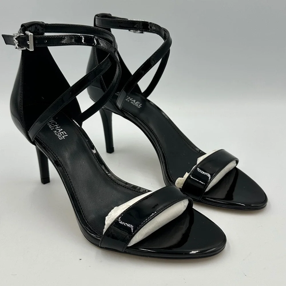 Michael Kors Ava Mid Sandal wmns 6 Black Patent Leather Stiletto Heel Sleek Chic